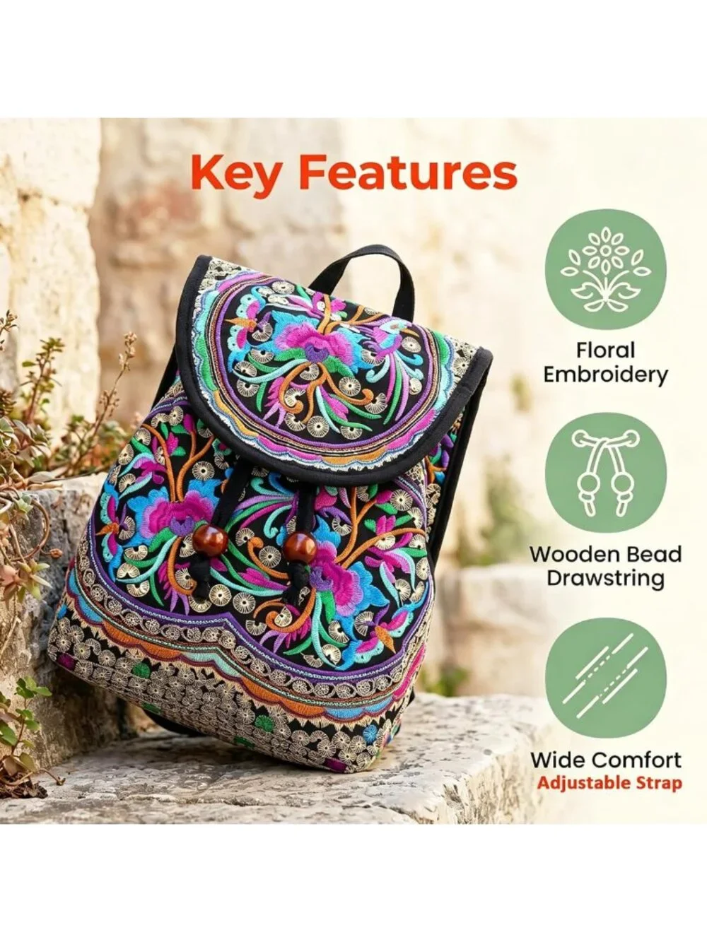 Embroidered Floral Backpack Purse for Women | Lightweight Canvas Boho Daypack